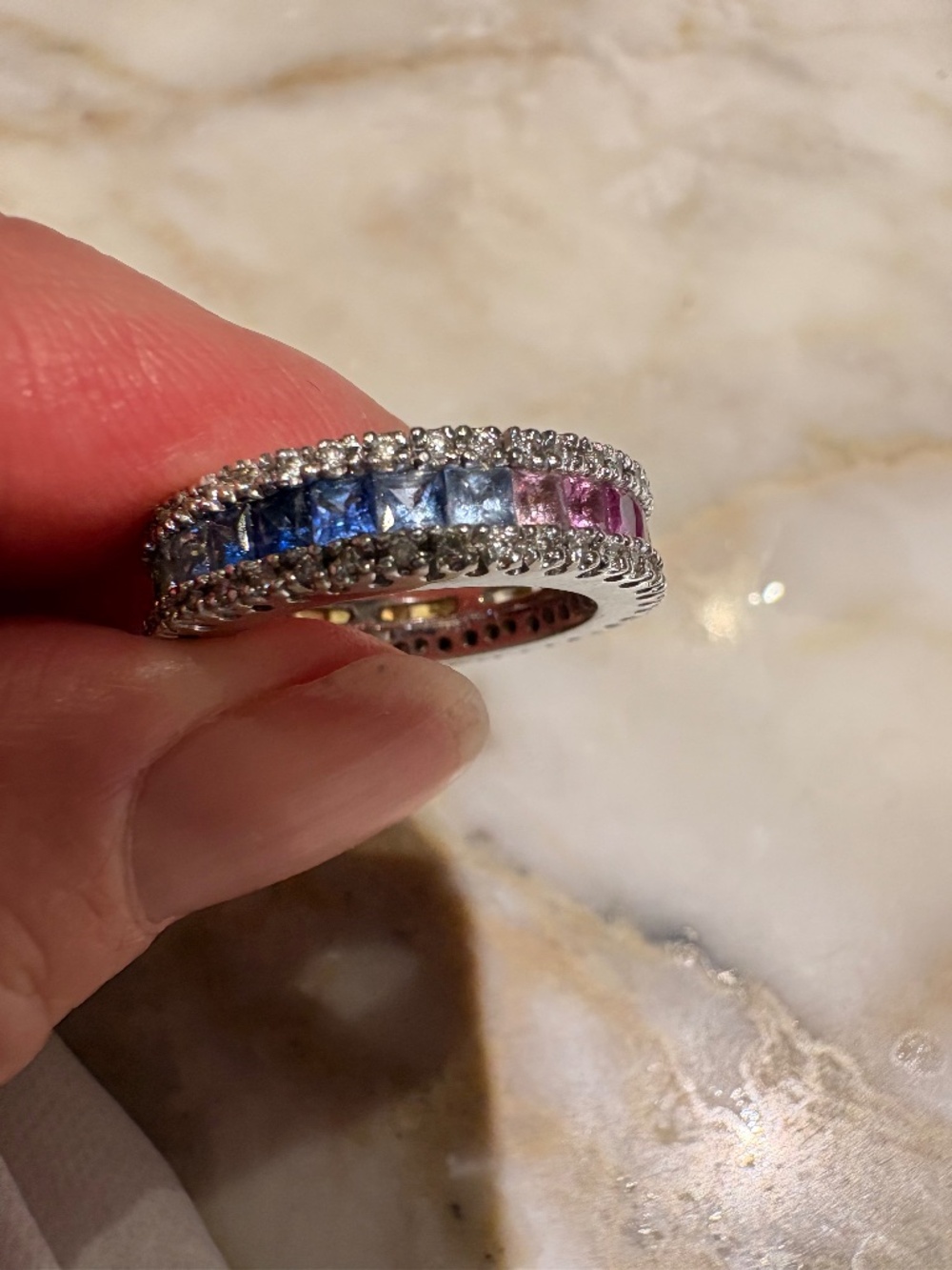 14k White Gold Multi-Colored Sapphires and Diamond Ring Eternity Band SZ 7